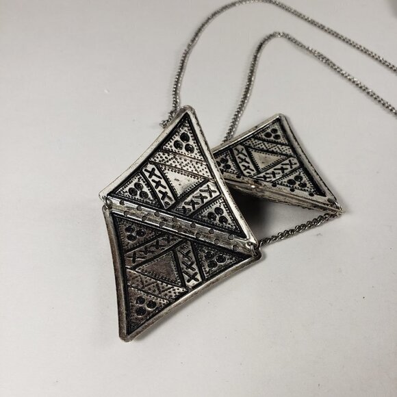 Boho Geometric Triangle Statement Necklace – Silver Tribal Pendant - Stylish - Picture 7 of 8